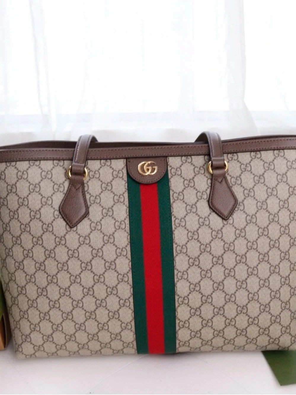 Gucci Beige GG Supreme Tote with Green and Red Web Stripe and Brown Trim(no box)